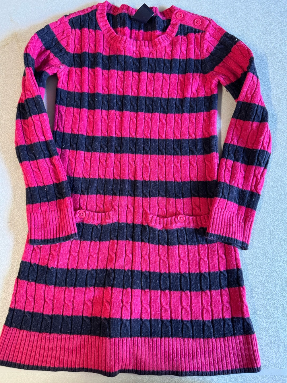 GAP Girls Hot Pink and Navy Blue Striped Knit Dress with Pockets - Size Small